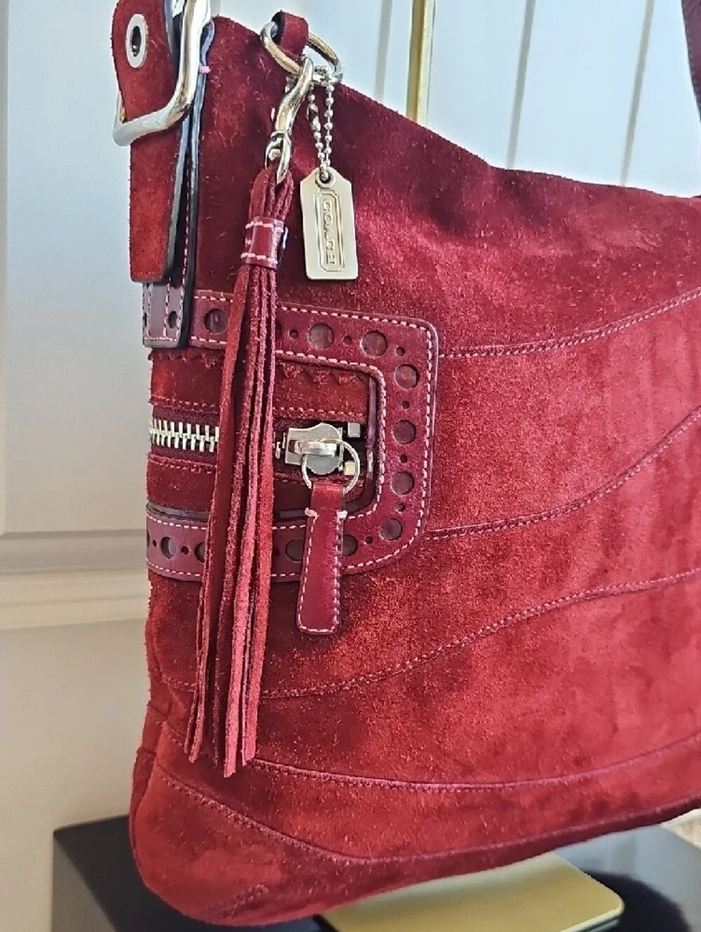 Coach 2005 Vintage Crimson Monochromatic Holiday Patchwork Shoulder Bag - Picture 5 of 12